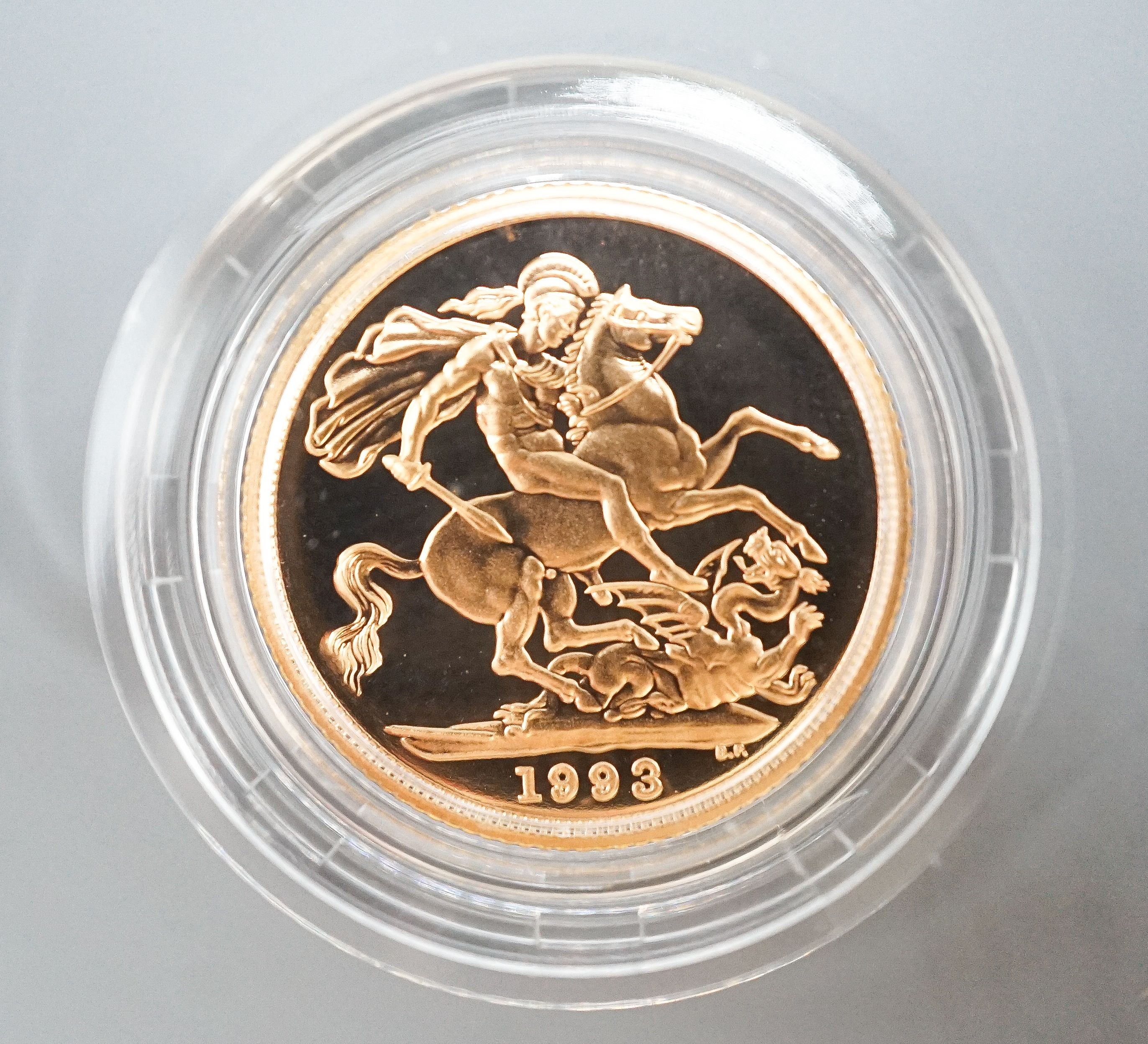 A modern 1993 gold proof sovereign, with box and certificate.